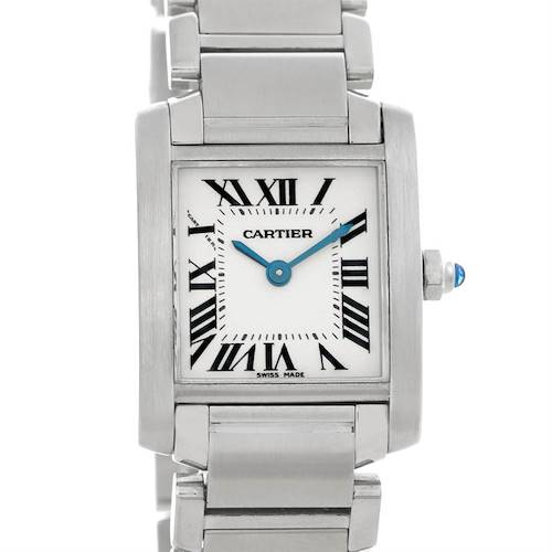 The image shows a front view of a Cartier Tank Francaise watch, highlighting its rectangular face, Roman numerals, and bracelet.