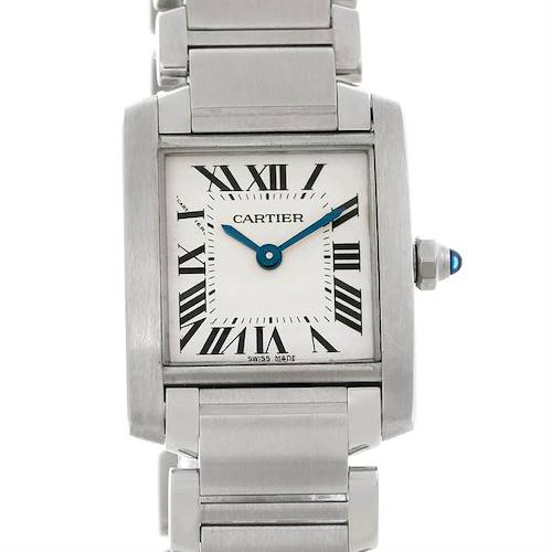 The image shows a front view of a Cartier Tank Francaise watch, highlighting its rectangular face, Roman numerals, and metal bracelet.