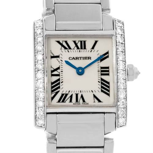 The image shows a frontal view of a Cartier Tank Francaise watch, highlighting its Roman numeral dial, diamond bezel, and metal bracelet.