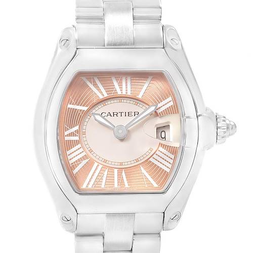This image shows a front view of the Cartier Roadster watch, highlighting the dial, crown, and bracelet.
