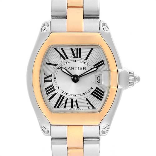 This image shows a front view of the Cartier Roadster watch, displaying its dial, Roman numerals, and two-tone bracelet.