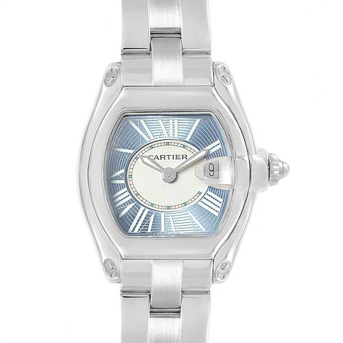 The image shows a frontal view of a Cartier Roadster watch, highlighting its face, case, and part of the metal bracelet.
