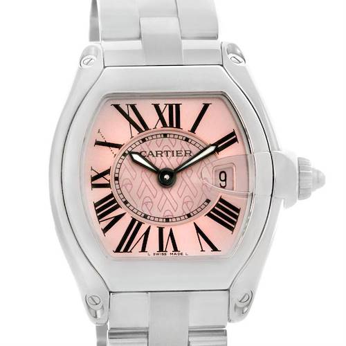 This image shows a close-up, front-facing view of a Cartier Roadster watch, highlighting its dial, case, and part of the bracelet.