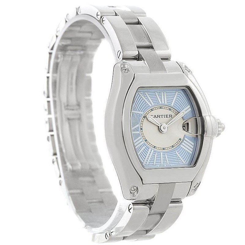 The image shows a Cartier Roadster watch from a front angle, highlighting its dial, case shape, and part of the bracelet.