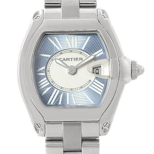 The image shows a front view of the Cartier Roadster watch, highlighting its dial and part of the bracelet.