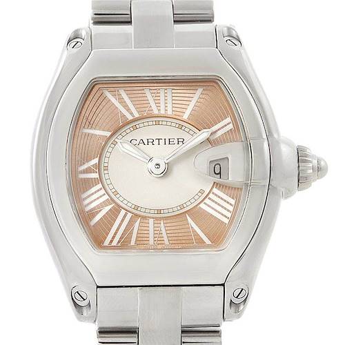 This image shows the front view of a Cartier Roadster watch, displaying the dial, hands, date window, and part of the bracelet.
