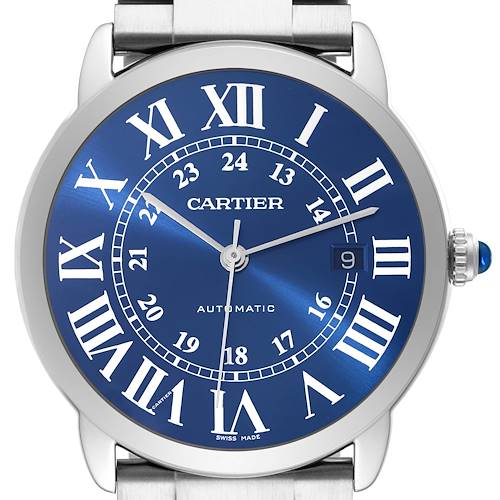 The Cartier Ronde watch is shown from the front, displaying its blue dial, Roman numeral markers, date window, and metal strap.