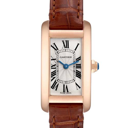 The image shows a front view of the Cartier Tank Americaine watch, featuring its face, case, and part of the leather strap.