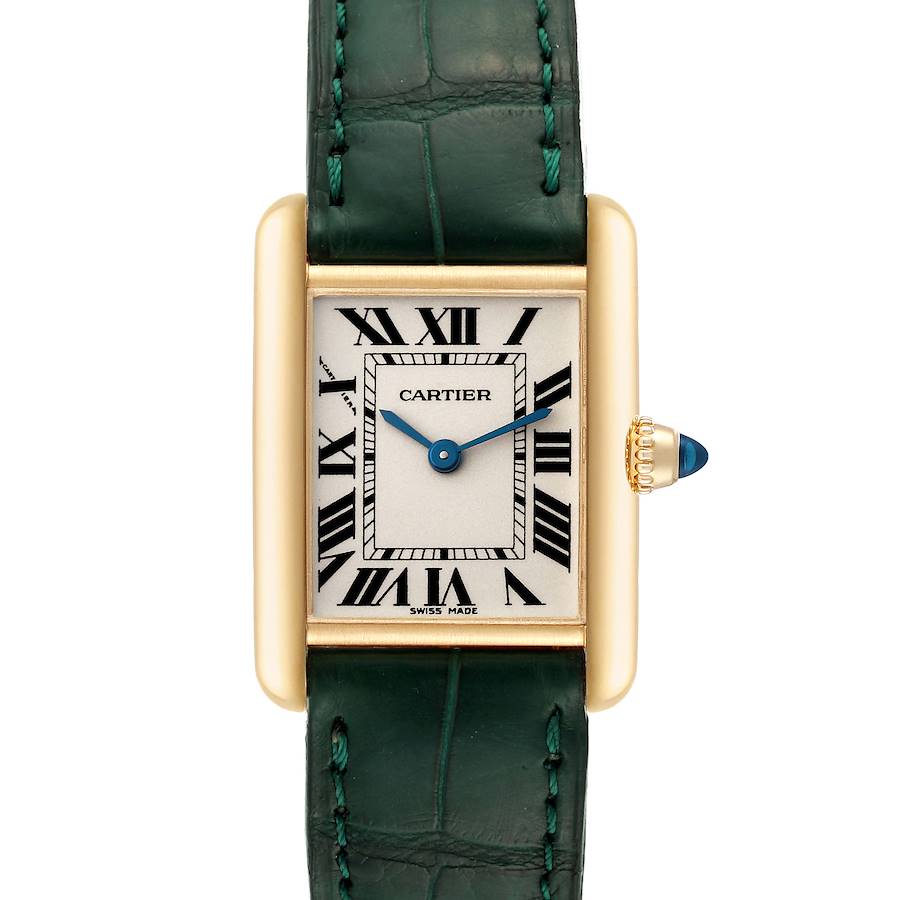 The image shows a frontal view of a Cartier Tank Louis watch, highlighting its rectangular case, Roman numeral dial, and green leather strap.