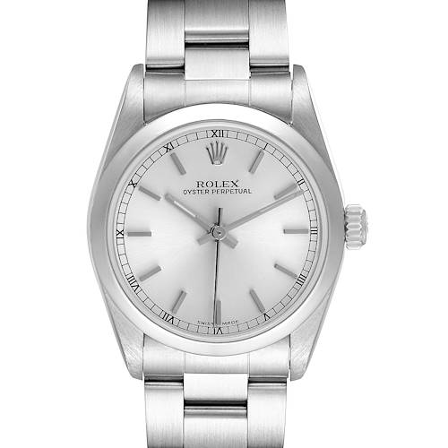 The image shows a front view of a Rolex Oyster Perpetual Mid-Size model, highlighting its dial and stainless steel band.