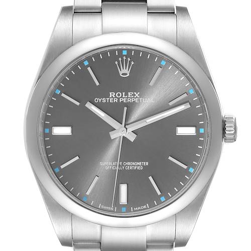 This image shows a front view of the dial and bezel of a Rolex Oyster Perpetual watch.