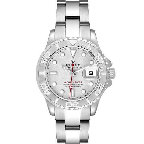 This image shows the front view of the Rolex Yacht-Master watch, featuring its dial, bezel, and part of the metal bracelet.