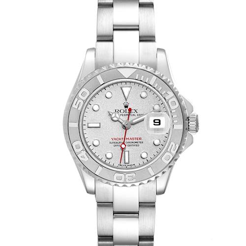 This image shows a front view of the Rolex Yacht-Master watch, highlighting the dial, bezel, bracelet, and date display.