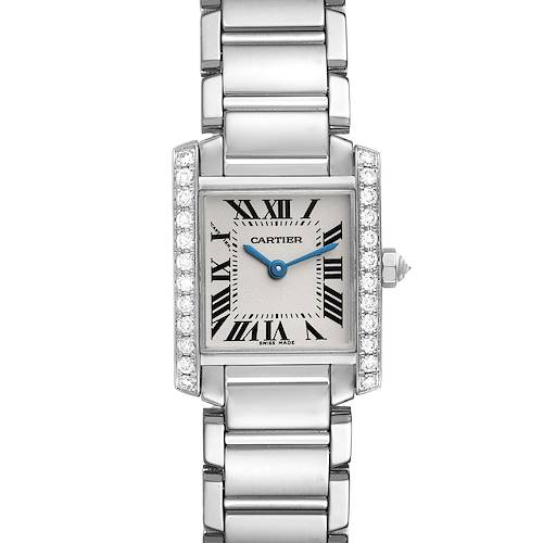 The image shows a Cartier Tank Francaise watch from a front angle, displaying the face, bezel, case, and bracelet.