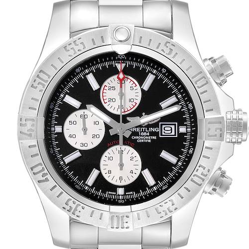 The Breitling Avenger watch is shown from the front, displaying its face, bezel, and part of the bracelet.