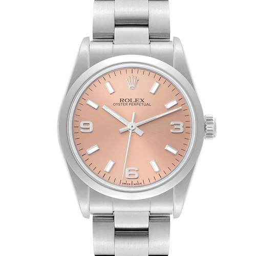 The image shows a front view of a Rolex Mid-Size Oyster Perpetual watch with a pink dial and silver bracelet.