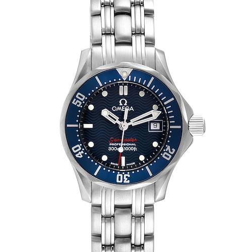The image shows a front view of the Omega Seamaster Diver 300M 28mm Steel Ladies Watch model 2224.80.00, highlighting the dial, bezel, and bracelet.