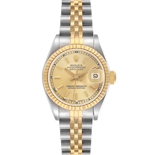 The Rolex Datejust watch is shown from a front view, highlighting the dial, bezel, and two-tone bracelet.