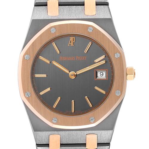 This image shows the front face of the Audemars Piguet Royal Oak watch, highlighting the dial, bezel, and part of the bracelet.
