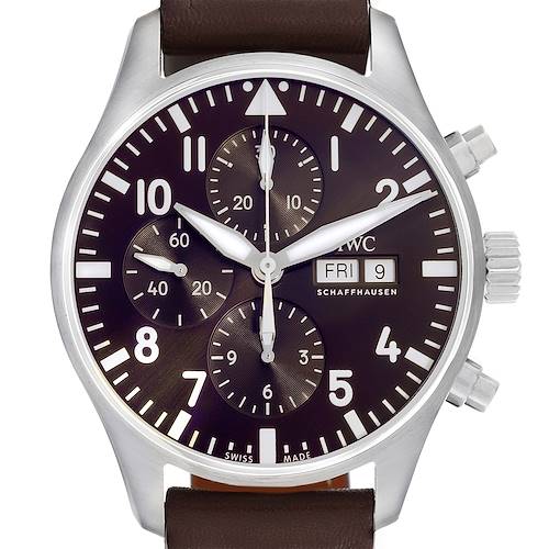 The IWC Pilot watch is shown from a front angle, displaying the dial, hands, subdials, crown, and part of the leather strap.