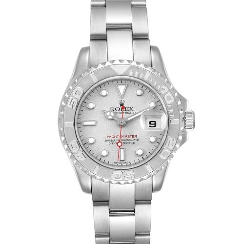 This image shows a frontal view of a Rolex Yacht-Master watch, displaying the face and bracelet clearly.