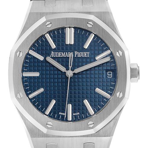 The image shows a front view of the Audemars Piguet Royal Oak, displaying the dial, bezel, and part of the bracelet.