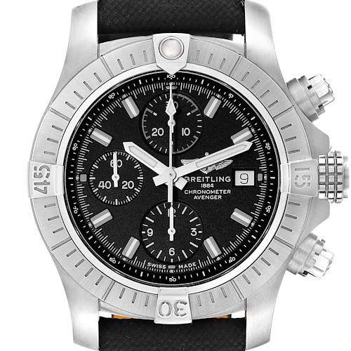 The image shows a frontal view of the Breitling Avenger watch, highlighting its black dial, three subdials, and stainless steel case.