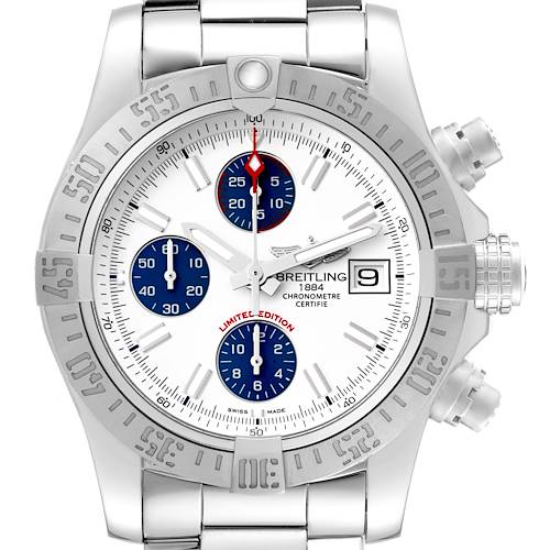 The image shows a Breitling Avenger watch from a front angle, highlighting its dial, bezel, crown, and bracelet.