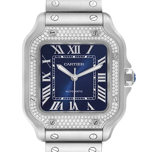 The image shows a close-up of the face and upper bracelet of a Cartier Santos watch.