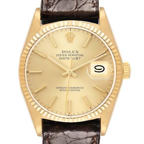 The Rolex Vintage Collection watch is shown from the front, displaying the gold dial, fluted bezel, and part of the brown leather strap.