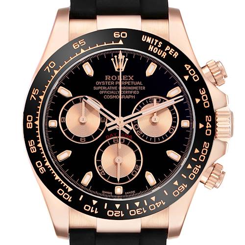 The image shows a Rolex Daytona watch, featuring a detailed frontal view of the dial, bezel, and pushers.