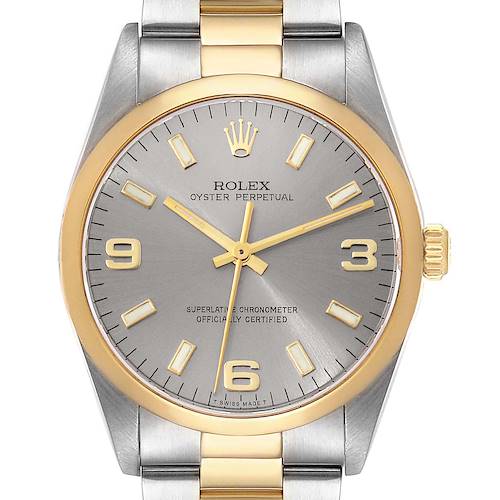 This is a top view of a Rolex Oyster Perpetual watch, showing the dial, bezel, case, and part of the bracelet.