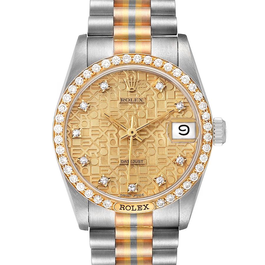 The image shows a front view of a Rolex President model watch, featuring a gold dial, diamond bezel, and a two-tone bracelet.