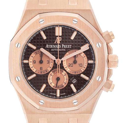 The image shows a frontal view of an Audemars Piguet Royal Oak watch, highlighting the dial, subdials, bezel, and pushers.