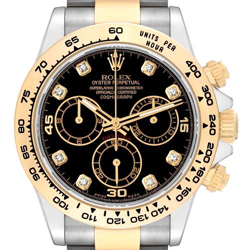 This is a front view of a Rolex Daytona watch showing the face, bezel, crown, and two buttons.