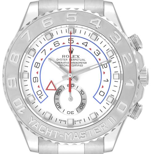 Front view of a Rolex Yacht-Master watch showing the face, bezel, and side crown.