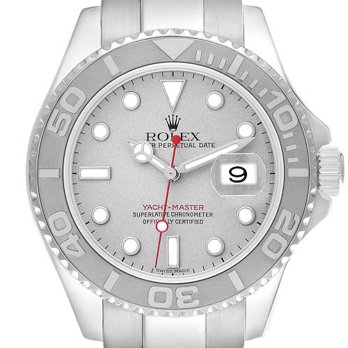 The Rolex Yacht-Master watch is shown from a frontal angle, highlighting the dial, bezel, and bracelet.