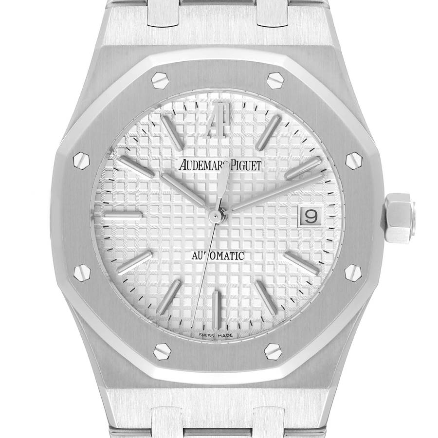 The image shows a front view of the Audemars Piguet Royal Oak watch, highlighting its octagonal bezel, dial, hands, and date window.