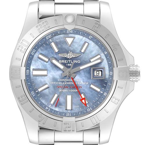 The image shows a front view of the Breitling Avenger watch, displaying its face, bezel, and part of the bracelet.