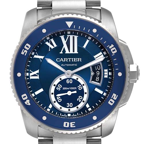 This image shows a front view of the Calibre de Cartier watch by Cartier, highlighting the dial, hands, and bezel.