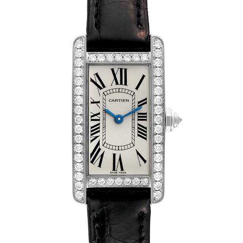 This Cartier Tank Americaine watch is shown from the front, displaying the face, bezel, hands, and strap.