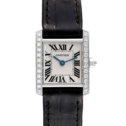This image shows a front view of the Cartier Tank Francaise watch, highlighting its rectangular face and leather strap.