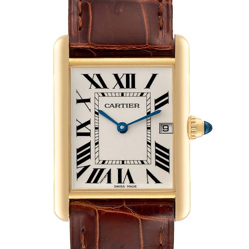 This image shows the front view of a Cartier Tank Louis watch, highlighting the dial, Roman numerals, and leather strap.
