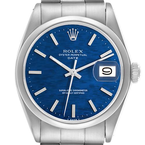 The Rolex Date watch is shown from a front angle, showcasing the blue dial, crown, and part of the bracelet.