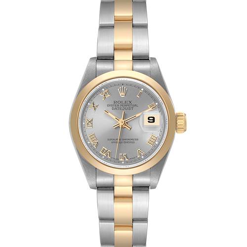 This image shows a front view of a Rolex Datejust watch, displaying its dial, bezel, hands, bracelet, and date window at 3 o’clock.