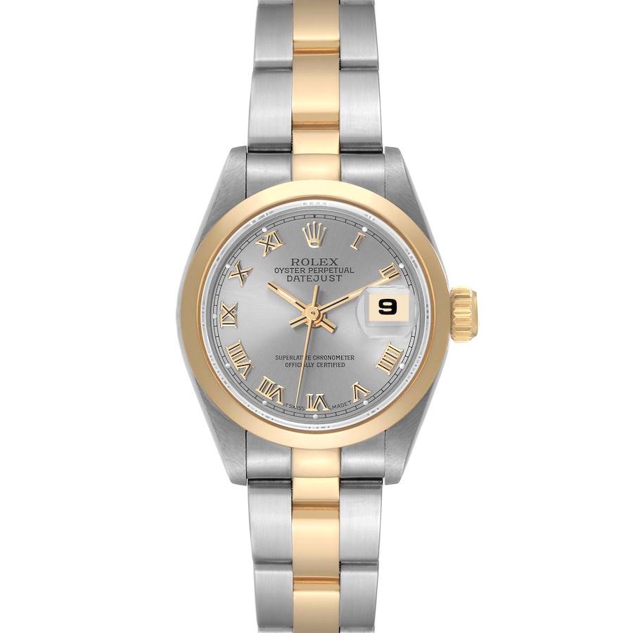 This image shows a front view of the Rolex Datejust watch, highlighting the dial, bezel, and bracelet.