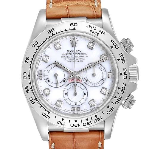 This image shows a front view of the Rolex Daytona watch, highlighting its dial, bezel, case, and leather strap.
