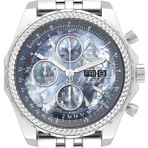 Front view of the Breitling Bentley watch displaying the dial, chronograph subdials, and date window.