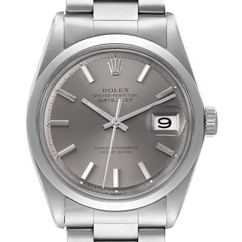 The image shows a frontal view of the Rolex Vintage Collection Datejust watch, highlighting its dial, bezel, and bracelet.