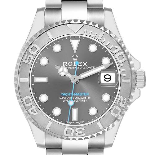 The Rolex Yacht-Master watch is shown from a direct front view, highlighting the dial, bezel, and bracelet.